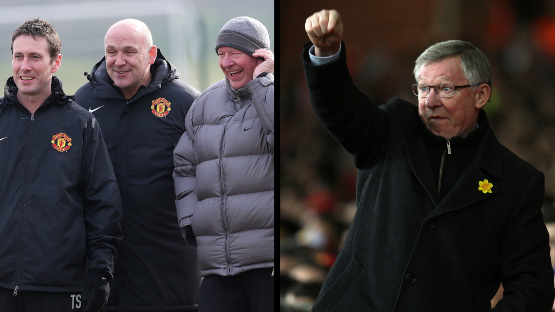 MANCHESTER, ENGLAND - MARCH 08: Manager Sir Alex Ferguson of Manchester United shouts instructions from the dugout during the UEFA Europa League Ro...