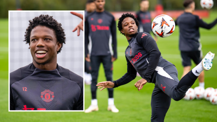 MANCHESTER, ENGLAND - OCTOBER 02: of Manchester United in action during a first team training session during the UEFA Europa League 2024/25 League ...