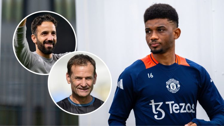 Amad Diallo of Manchester United looks on during the Manchester United training session at Carrington Training Ground on November 04, 2024 in Manch...