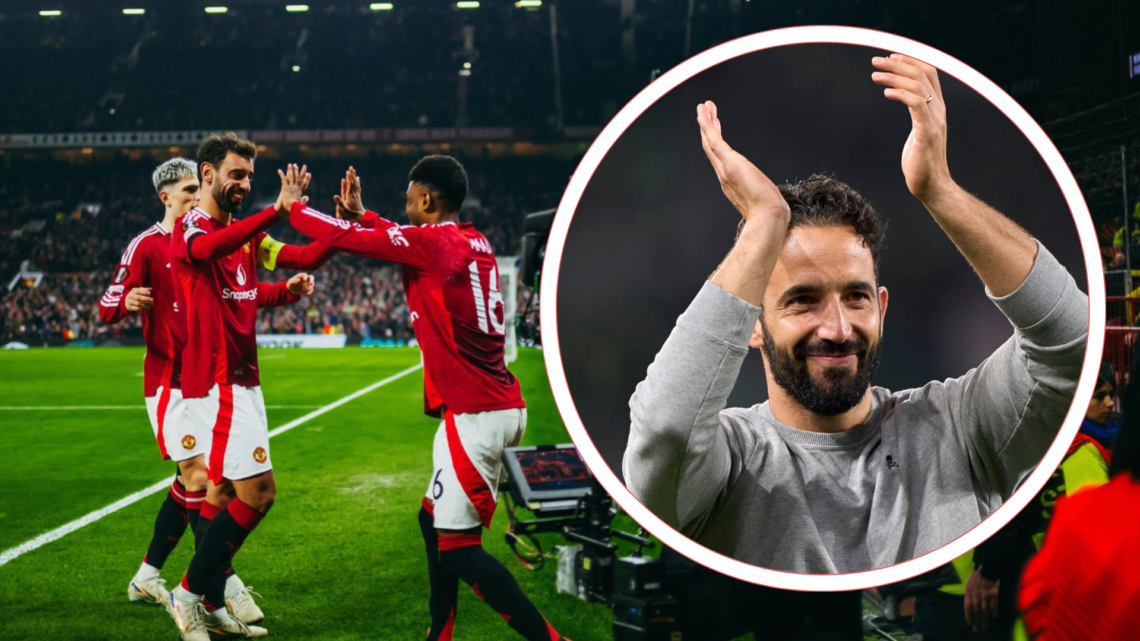 Amad Diallo of Manchester United celebrates scoring his teams first goal with team mate. Inset Ruben Amorim