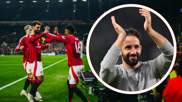 Amad Diallo of Manchester United celebrates scoring his teams first goal with team mate. Inset Ruben Amorim