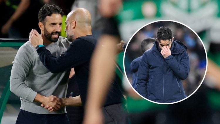 Coach Pep Guardiola of Manchester City congratulates coach Ruben Amorim of Sporting CP during the UEFA Champions League match between Sporting CP v...