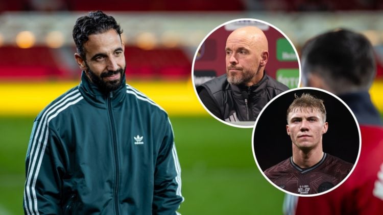 Ruben Amorim with two insets of Erik ten Hag and Rasmus Hojlund.