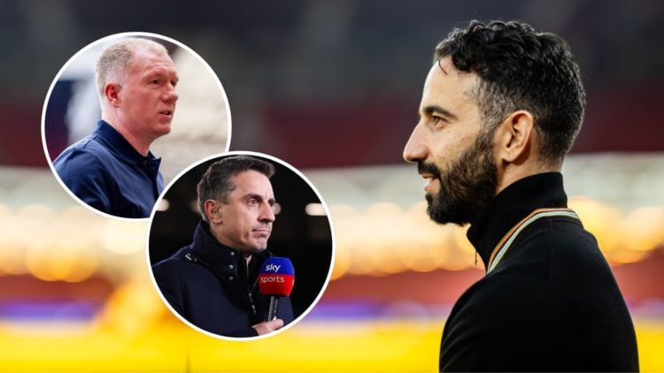 Ruben Amorim. Inset, Gary Neville and Paul Scholes.