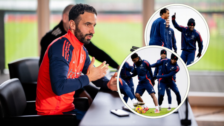 Ruben Amorim takes Manchester United press conference. inset Manchester United in training ahead of Ipswich clash.