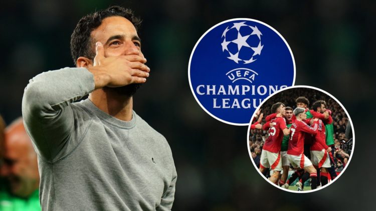 Ruben Amorim. Inset, UCL logo and Manchester United celebrating.