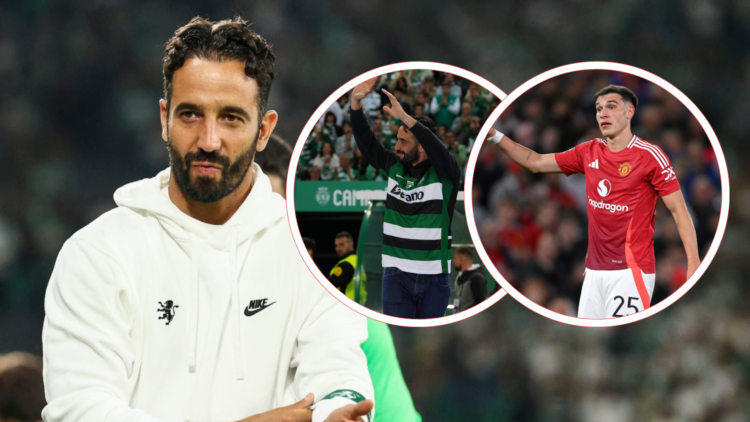 Ruben Amorim in white hoodie, inset, Amorim applauds fans, inset Manuel Ugarte in man utd kit