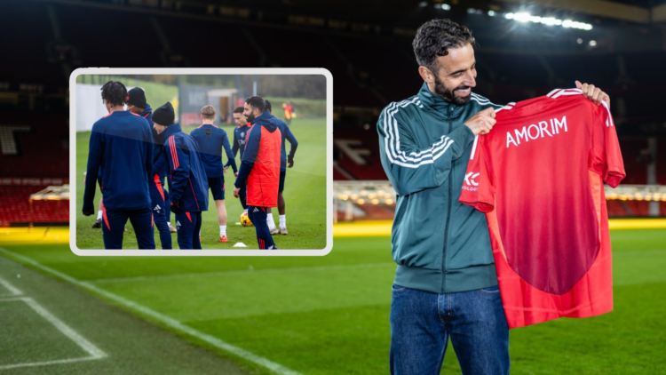Ruben Amorim holds Man Utd shirt with his name on, inset, Amorim holds training session
