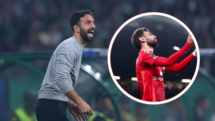 Sporting Lisbon's Portuguese coach Ruben Amorim gestures on the touchline during the UEFA Champions League. Inset Bruno Fernandes
