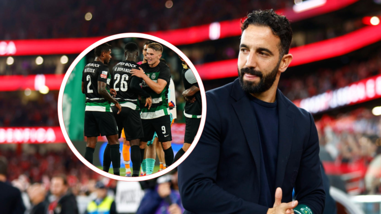Ruben Amorim stands on the touchline looking into the distance. Inset, Sporting Lisbon players including Ousmane Diomande celebrate.