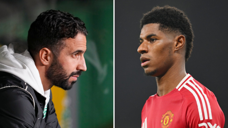 Left: RUBEN AMORIM looks out toward the pitch from his bench. Right: Marcus Rashford in action for Manchester United.