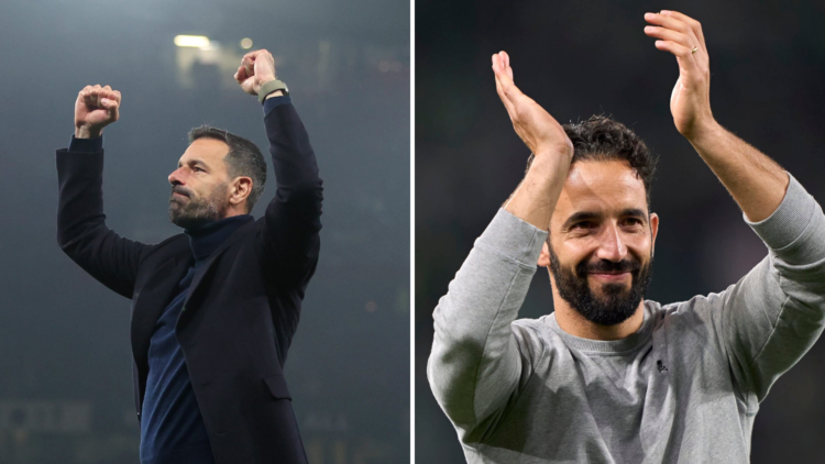 left, Ruud van Nistelrooy celebrates win for Manchester United vs Leicester City. Right, Ruben Amorim claps fans after Sporting victory.