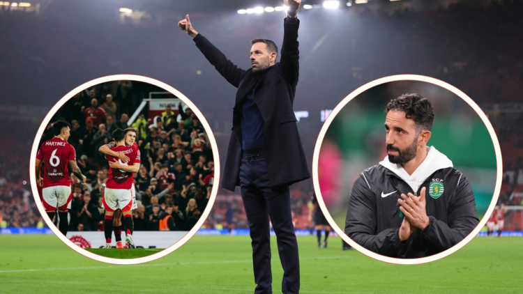 Ruud Van Nistelrooy thanks Old Trafford after 5-2 win. Inset Ruben Amorim claps Sporting Lisbon fans. Inset Manuel Ugarte and Bruno Fernandes embrace.