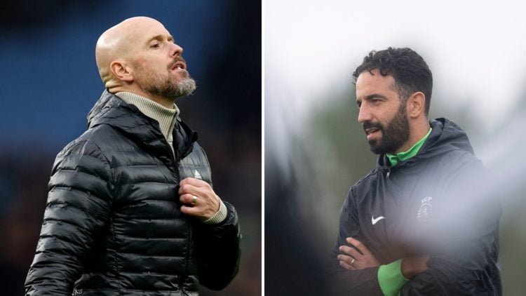 Erik ten Hag thinking and Ruben Amorim on training pitch split image