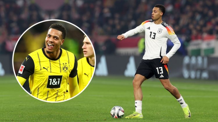 Felix Nmecha playing for Germany, and inset for Dortmund.