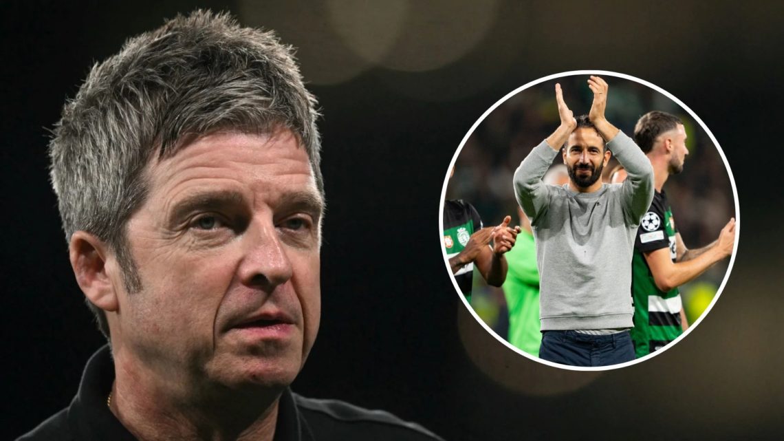 British musician Noel Gallagher of Oasis attends prior the UEFA Champions League. Inset, Ruben Amorim.