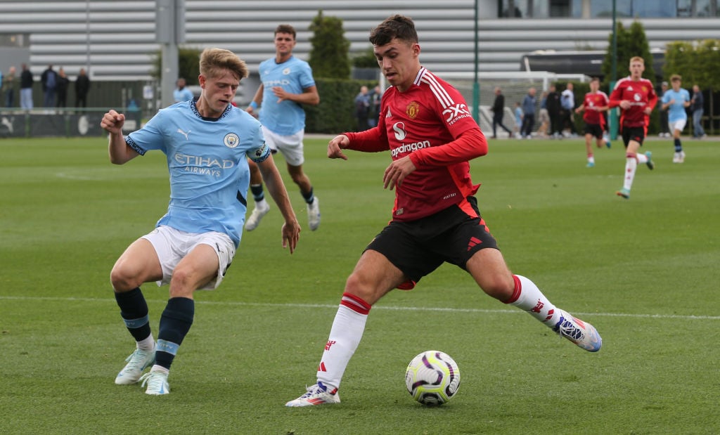 James Scanlon of Manchester United in action during the Premier League U18 match between Manchester City U18 and Manchester United U18 at Joie Stad...