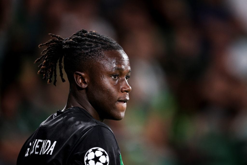 Sporting Lisbon's Portuguese forward Geovany Quenda #57 looks on during the UEFA Champions League 1st round day 1 football match between Sporting C...