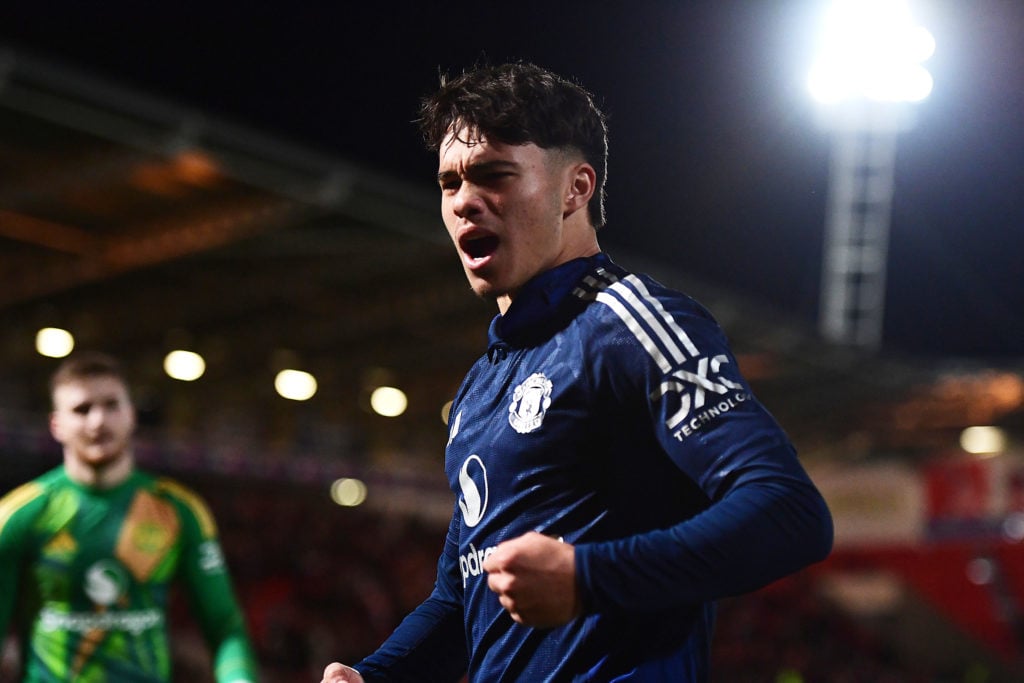 Gabriele Biancheri of Manchester United celebrates during the Bristol Street Motors Trophy match between Doncaster Rovers and Manchester United at...