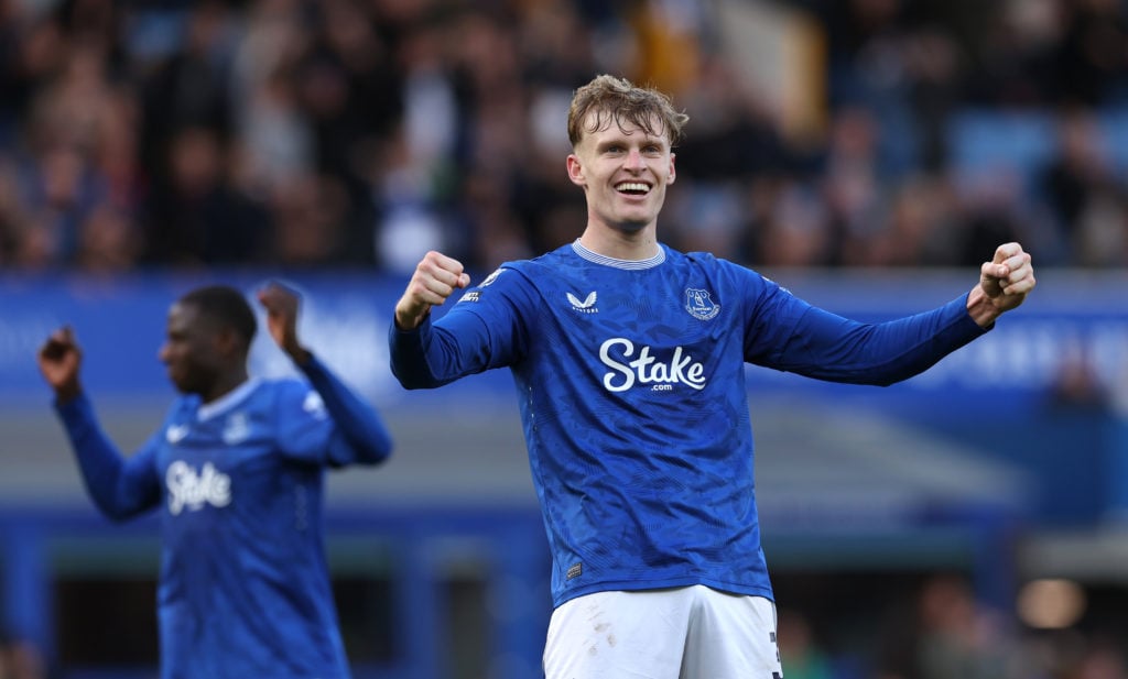 Jarrad Branthwaite celebrates for Everton vs Crystal Palace.