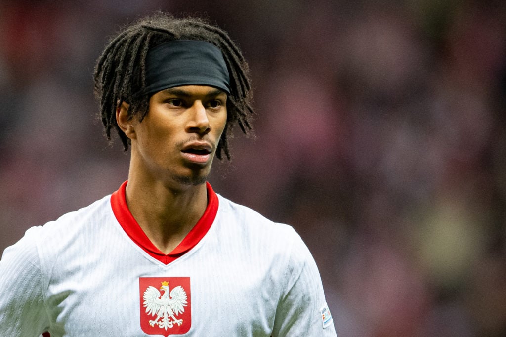 Maximillian Oyedele of Poland looks on during the UEFA Nations League 2024/25 League A Group A1 match between Poland and Croatia at National St...