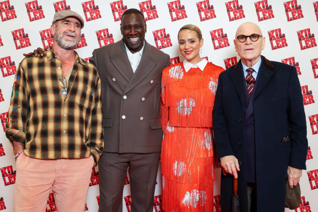 (L-R) Eric Cantona, Omar Sy, Nathalie Emmanuel and Tchéky Karyo attend the "The Killer" Premiere at Pathe Palace on October 21, 2024 in Paris, France.