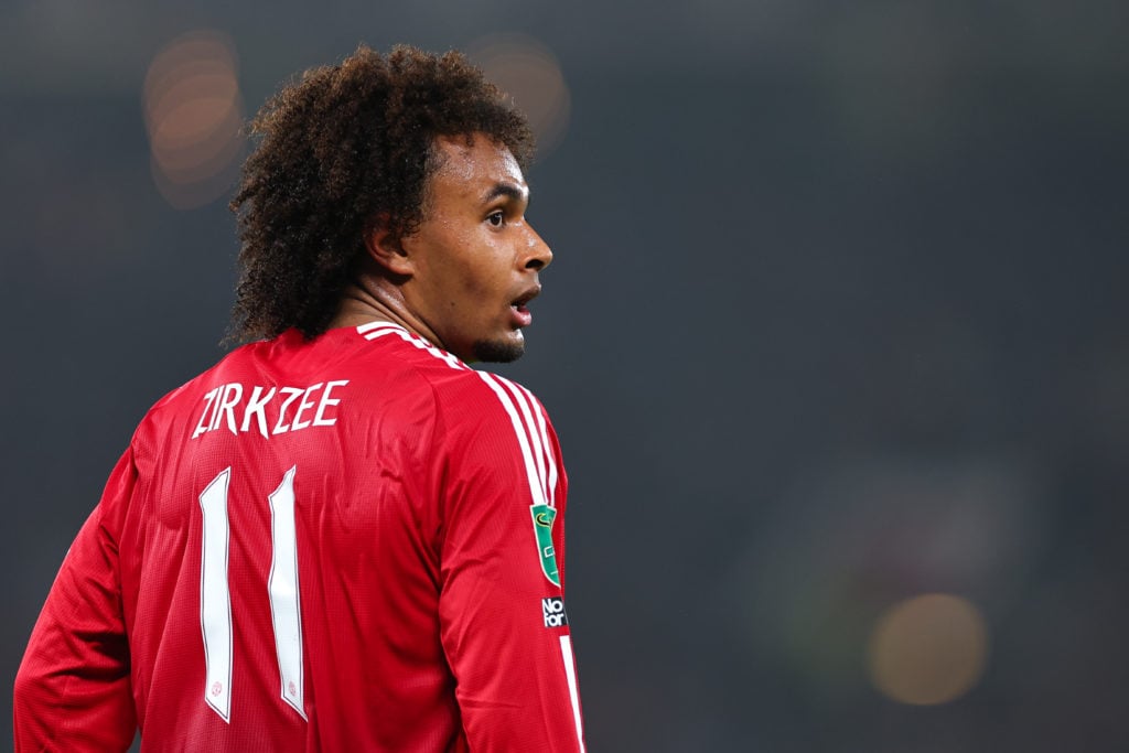 Joshua Zirkzee of Manchester United during the Carabao Cup Fourth Round match between Manchester United and Leicester City at Old Trafford on Oct...