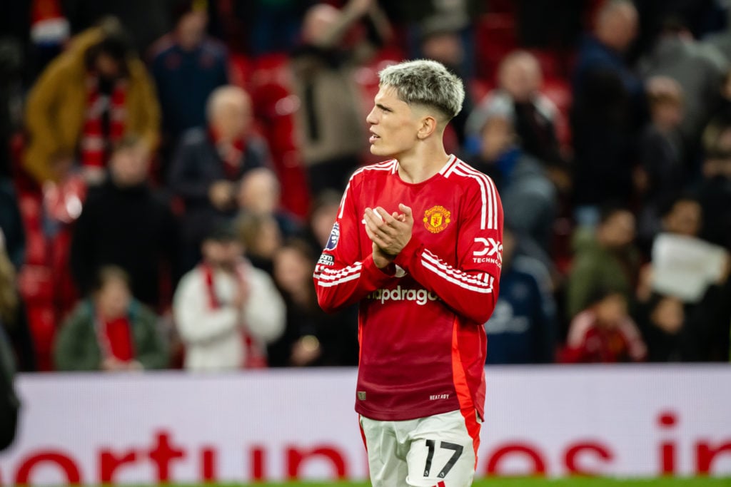 Alejandro Garnacho of Manchester United applauds the fans at the end of the Premier League match between Manchester United FC and Chelsea FC at Old...