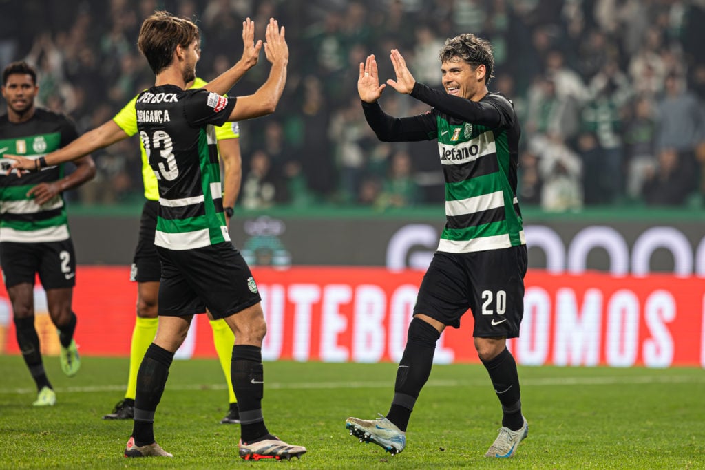 (RL) Maximiliano Araujo of Sporting CP celebrates with his teammate Daniel Branganca of Sporting CP after scoring a goal during the match between Sporting CP...