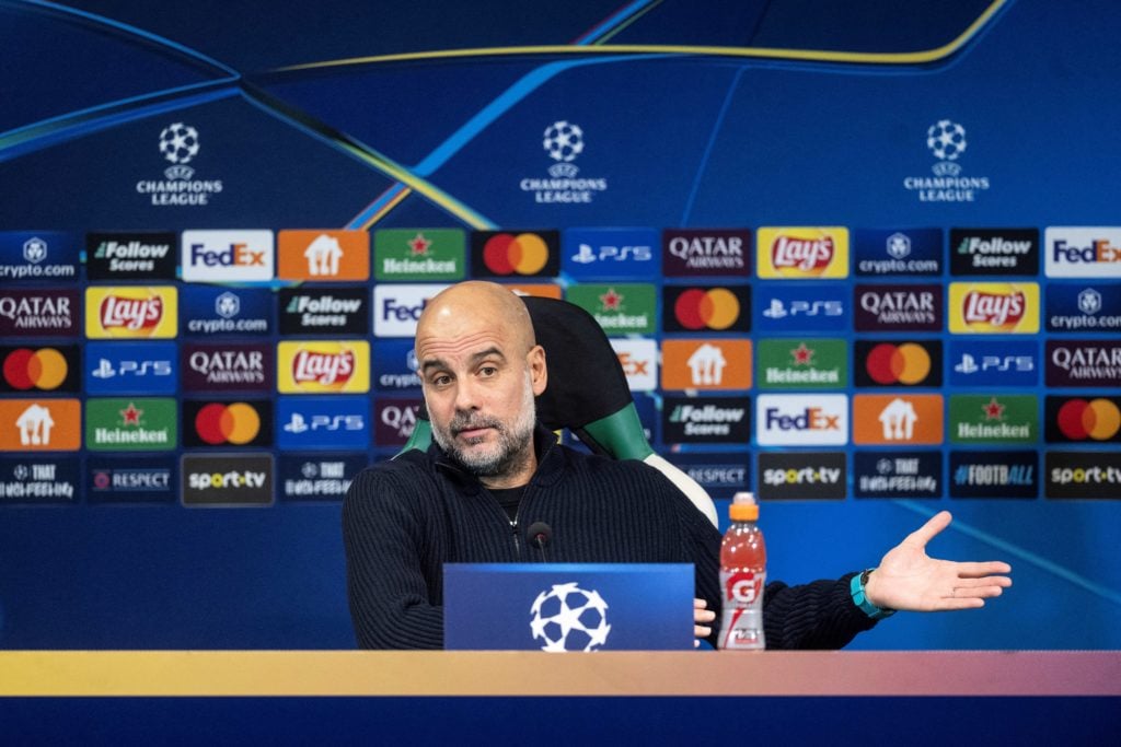 Manchester City's coach Pep Guardiola gives a press conference on the eve of their UEFA Champions League football match against Sporting CP at Alva...