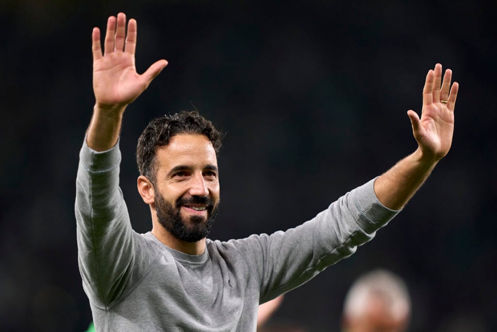 Sporting CP head coach Ruben Amorim shows appreciation to the fans after the UEFA Champions League match between Sporting CP and Manchester Ci...