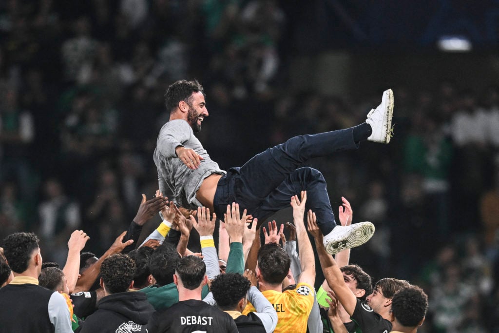 Manchester United manager Ruben Amorim was celebrated by his former players at the end of the Champions League match between Sporting CP and Manchester City at the Jose Alvalade stadium in Lisbon in 2024.