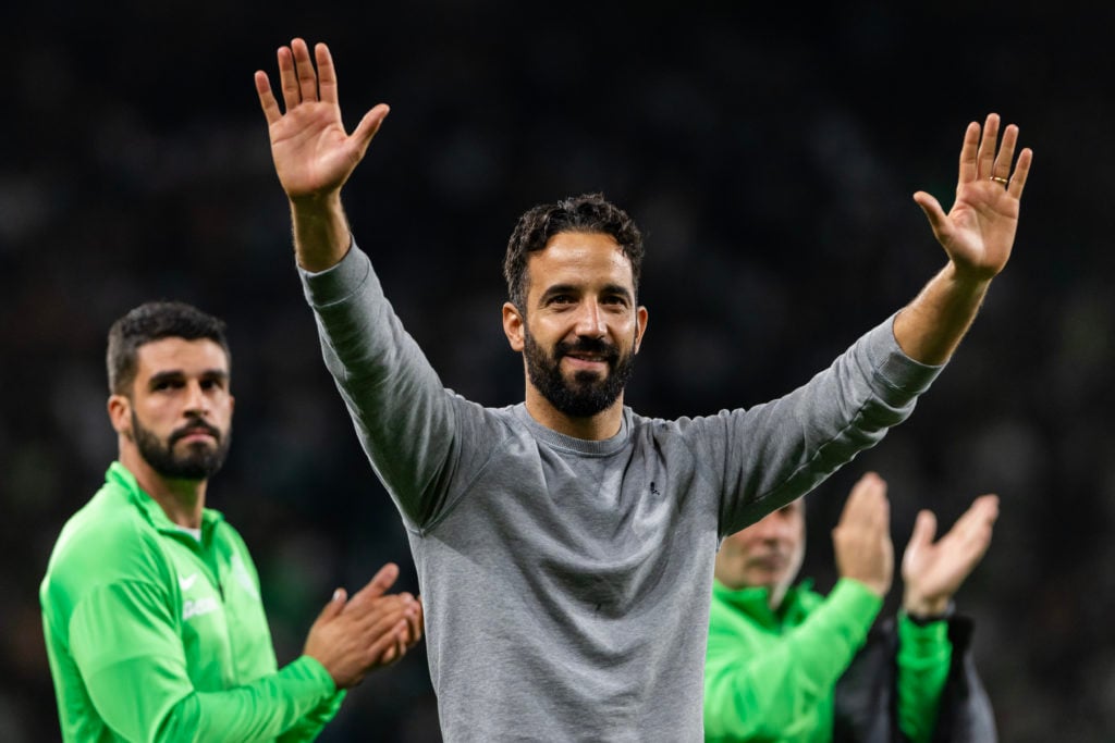 Sporting CP head coach Ruben Amorim (C) seen greeting fans during what was his final match as head coach at José Alvalade Stadium before facing...