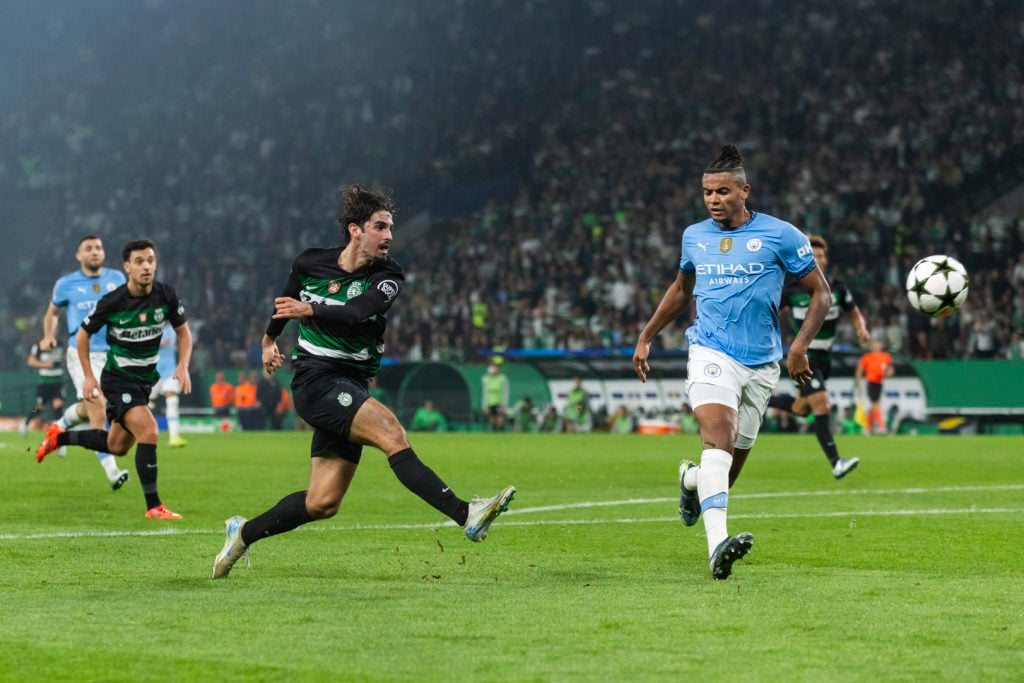 Francisco Trincao (L) of Sporting CP and Manuel Akanji (R)