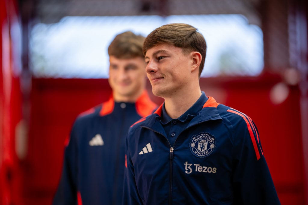 Jack Fletcher and Jayce Fitzgerald of Manchester United arrive before the Premier League match between Manchester United FC and Chelsea FC at Old T...