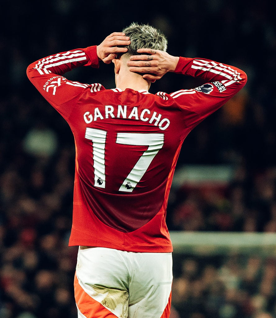 Alejandro Garnacho of Manchester United in action during the Premier League match between Manchester United FC and Chelsea FC at Old Trafford on No...