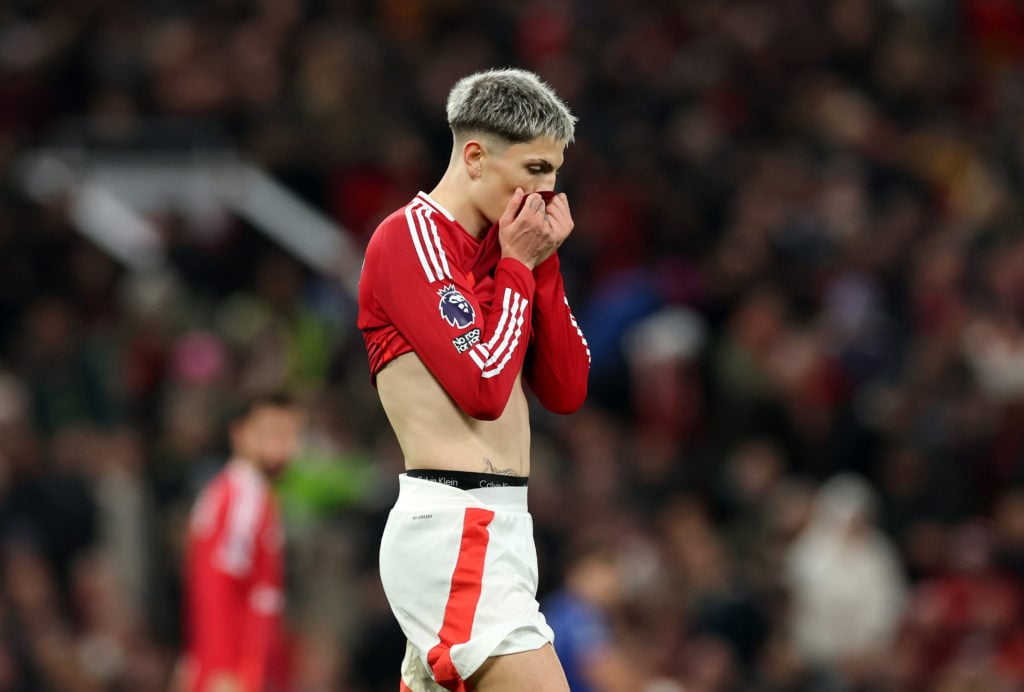 Alejandro Garnacho of Manchester United reacts during the Premier League match between Manchester United FC and Chelsea FC at Old Trafford on Novem...