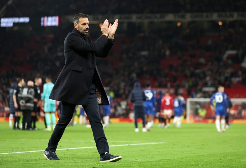 Ruud van Nistelrooy, interim manager of Manchester United, applauds fans at the end of the Premier League match between Manchester United...