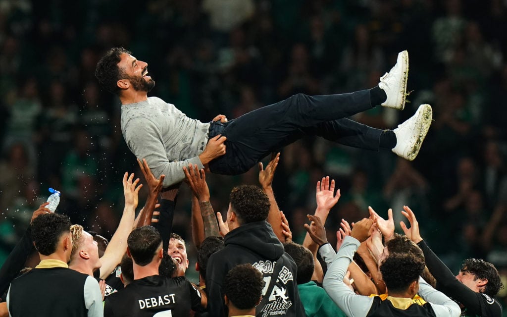 Ruben Amorim, Head Coach of Sporting CP, is thrown into the air by his players to celebrate his last home match as manager at the end of the UEFA C...