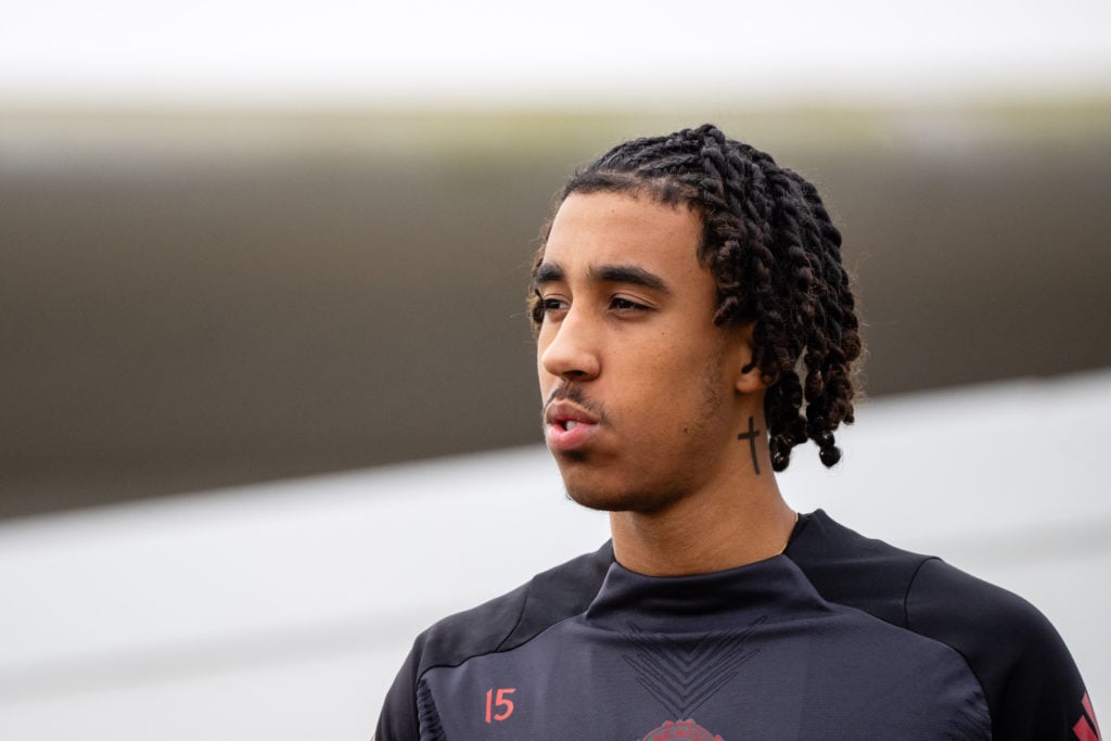 Leny Yoro of Manchester United trains during the UEFA Europa League 2024/25 League Phase MD4 training and press conference at Carrington Training G...