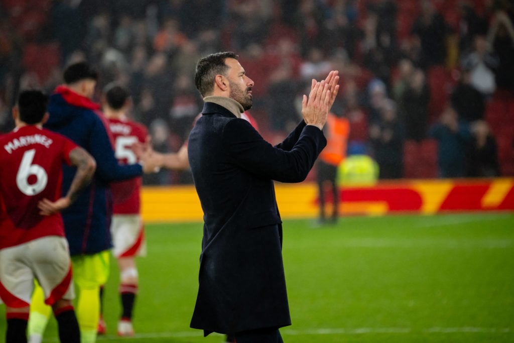 Manchester United Interim Manager Ruud van Nistelrooy applauds the fans at the end of the Premier League match between Manchester United FC and Lei...