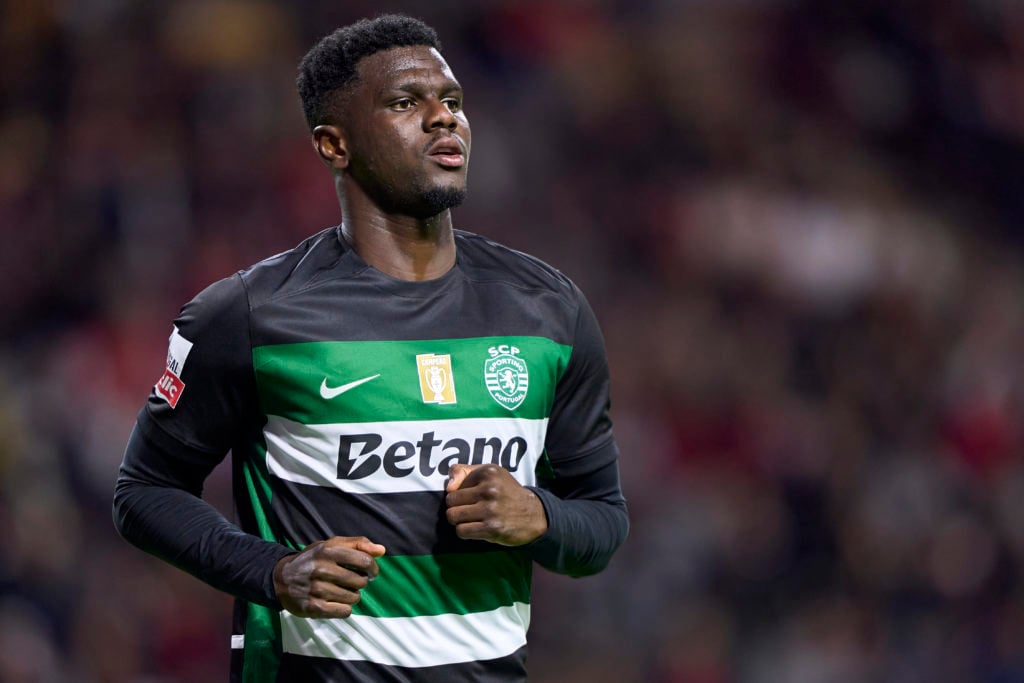 Ousmane Diomande of Sporting CP looks on during the Liga Portugal Betclic match between SC Braga and Sporting CP at Estadio Municipal de Braga in B...