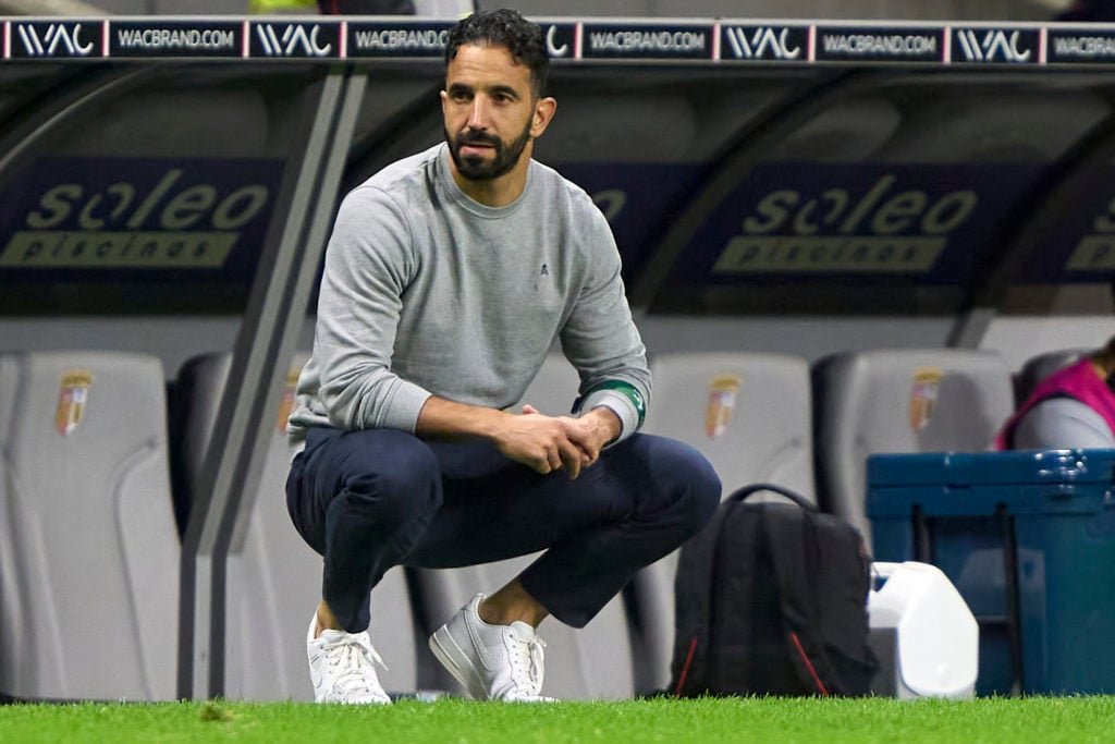 Ruben Amorim, Head Coach of Sporting CP, reacts during the Liga Portugal Betclic match between SC Braga and Sporting CP at Estadio Municipal de Bra...