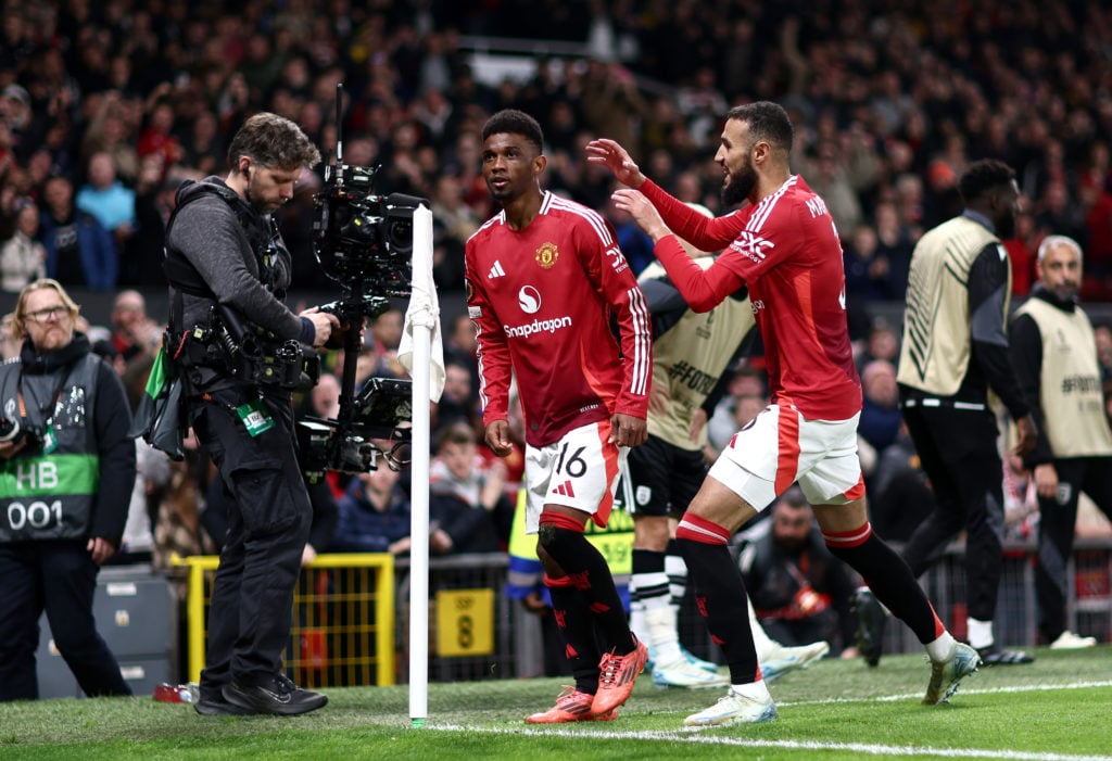 Amad Diallo of Manchester United celebrates scoring his team's first goal during the UEFA Europa League 2024/25 League Phase MD4 match between Manc...