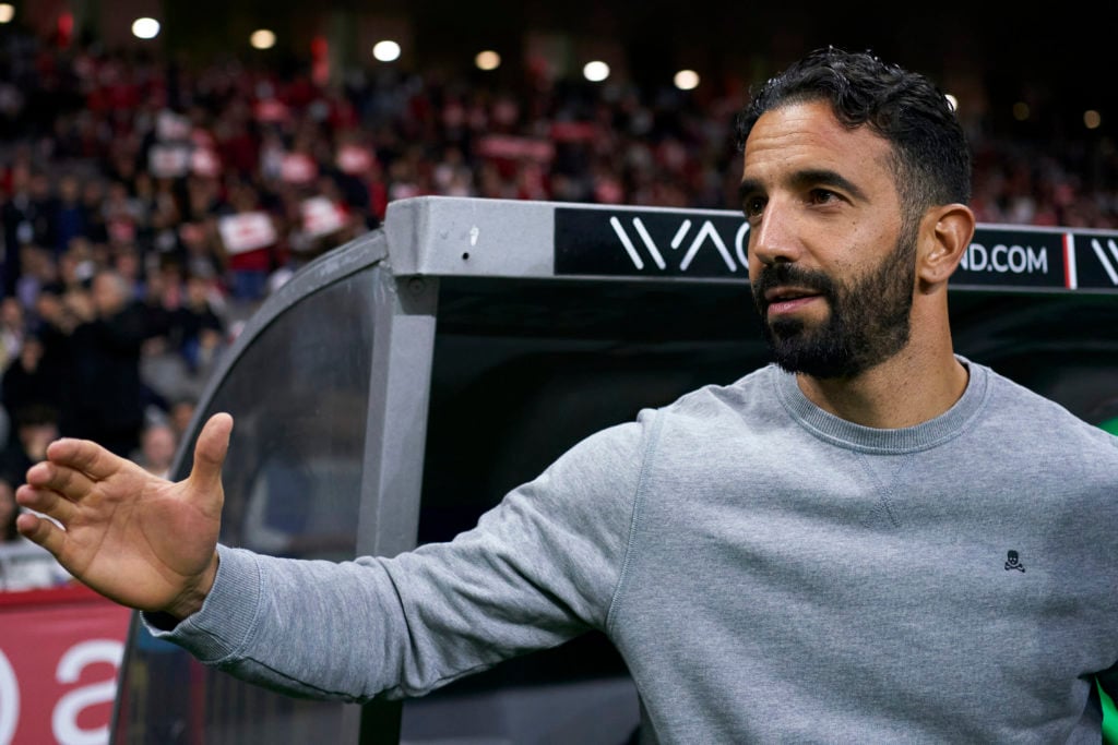 Ruben Amorim, Head Coach of Sporting CP, reacts before the Liga Portugal Betclic match between SC Braga and Sporting CP at Estadio Municipal de Bra...