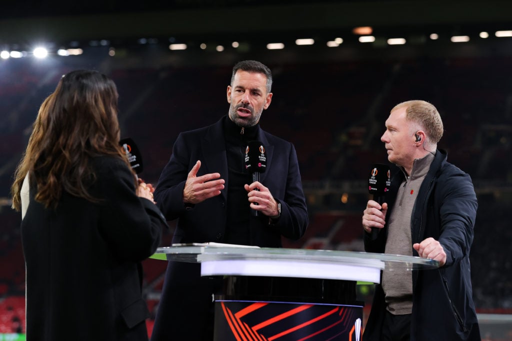 Ruud van Nistelrooy, interim manager of Manchester United, looks on as he is interviewed by TNT Sports prior to during the UEFA Europa League 2024/...