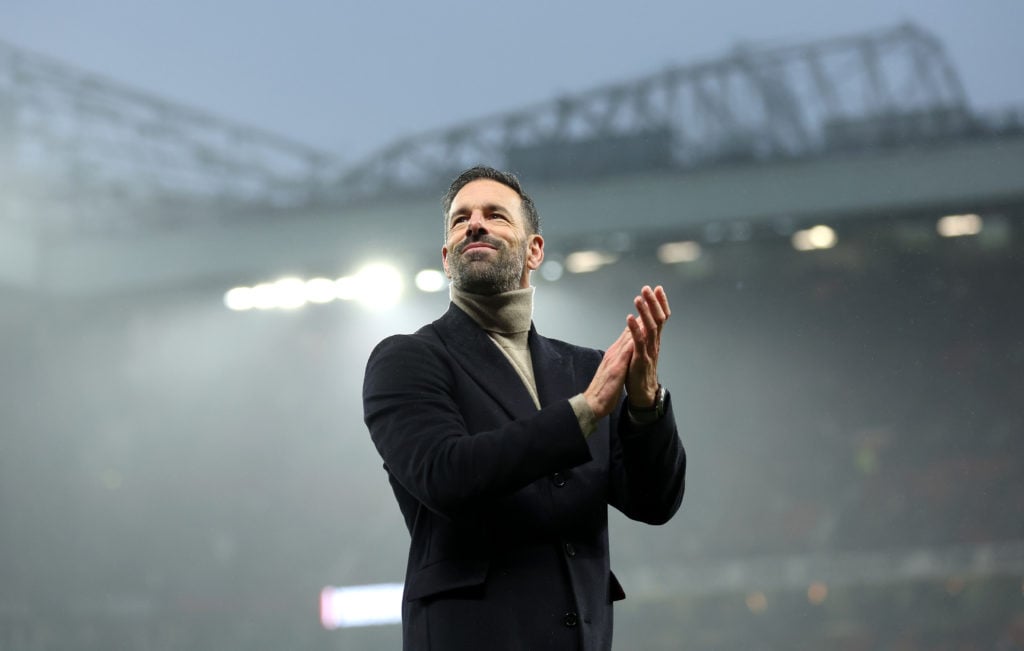 Ruud van Nistelrooy, Interim Head Coach of Manchester United, applauds the fans after the team's victory in the Premier League match between Manche...