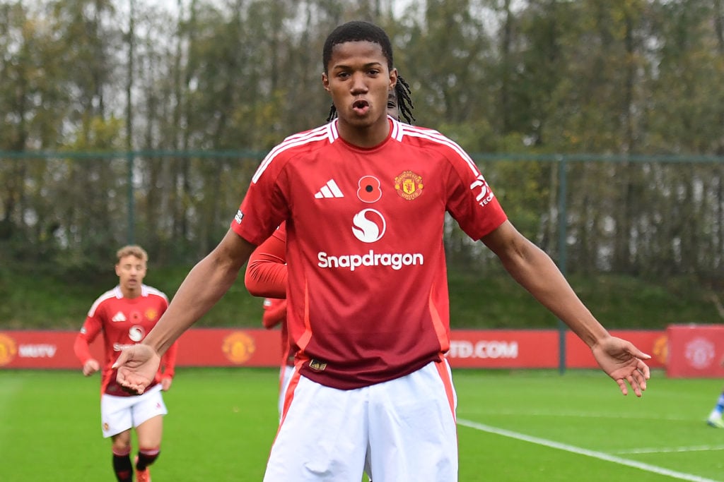 Chido Obi Martin of Manchester United U18 celebrates scoring during the U18 Premier League match between Manchester United and Everton at Carring...