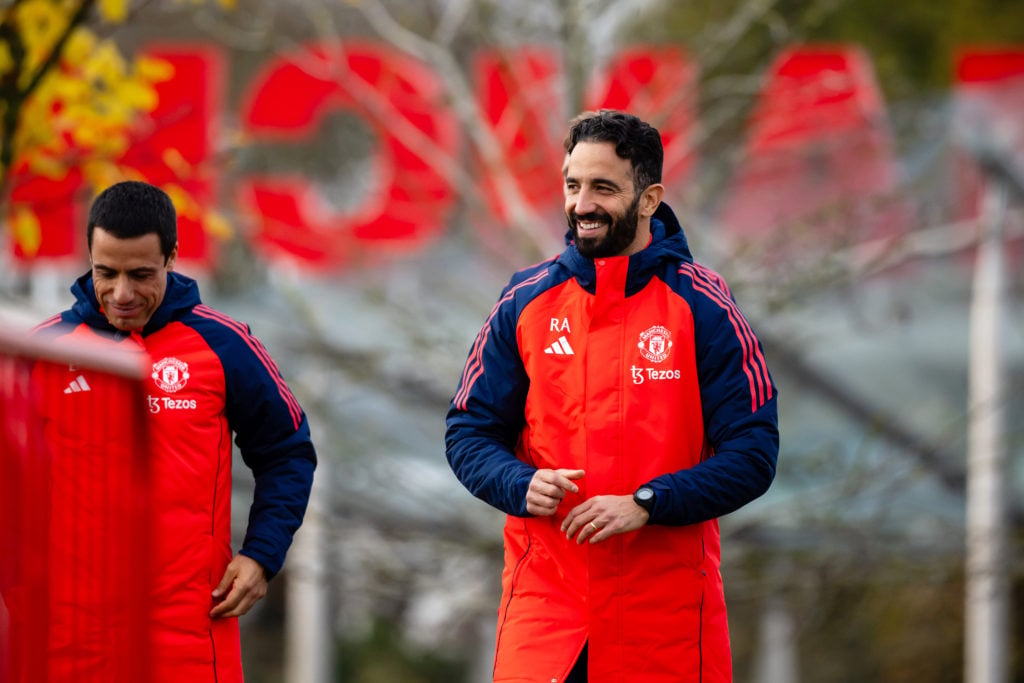 Ruben Amorim, Manager of Manchester United reacts during the Manchester United training session at Carrington Training Ground on November 18, 2024 ...