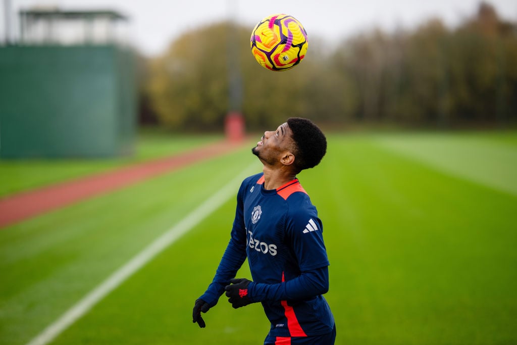 Amad Diallo of Manchester United trains during the Manchester United training session at Carrington Training Ground on November 18, 2024 in Manches...